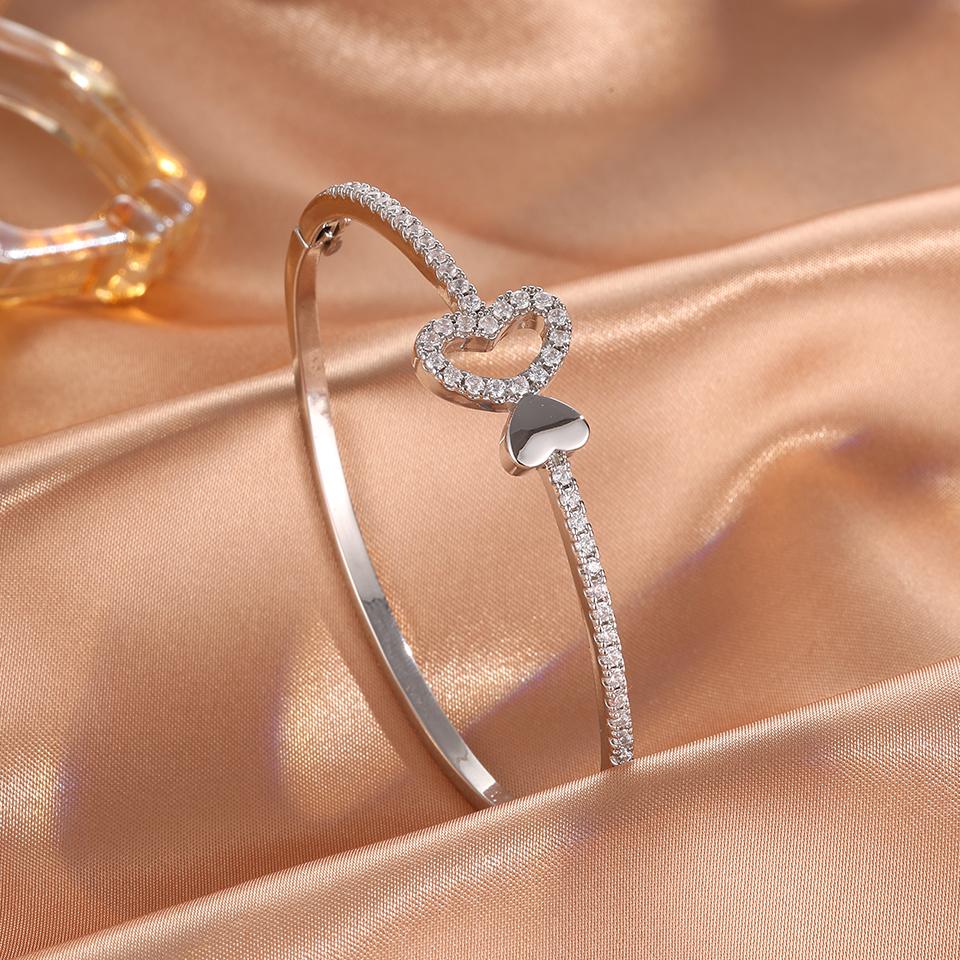 

ZAKOL Shiny Hollow Heart-shaped Micro-inlaid Zircon Open Bracelet for Women Men Couple Bangle Valentine s Day Zircon Gift