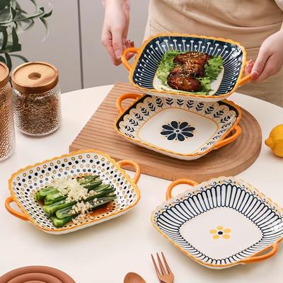 1 Stück quadratischer Servierteller aus Keramik mit zwei Ohren, japanischer Salatteller, Küchenutensilien, italienischer Pastateller