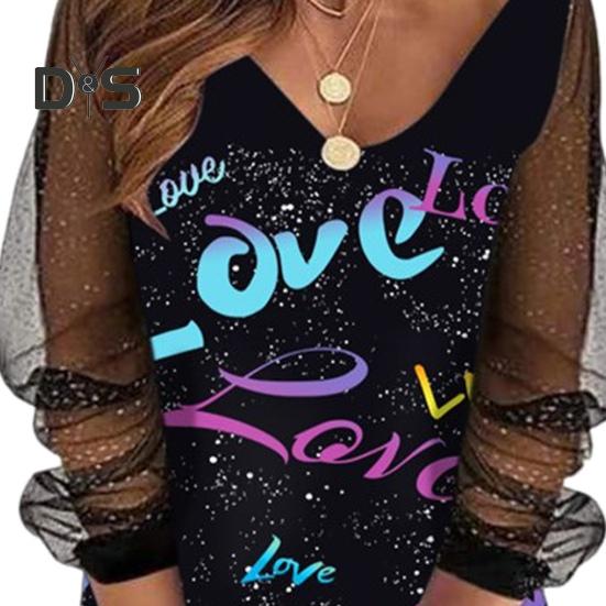 Fall Spring Women Dress Shiny Sequin See Through Mesh Patchwork A Line Crew Neck Plus Size Loose Long Sleeve Letter Print Above Knee Length Mini Dress
