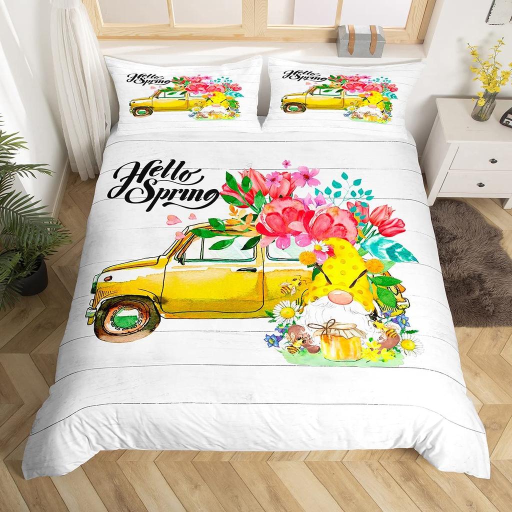 Purple Lavender Dwarf Duvet Cover King Queen Kawaii Cartoon Gnome Bedding Set Spring Flowers Comforter Cover Floral Quilt Cover