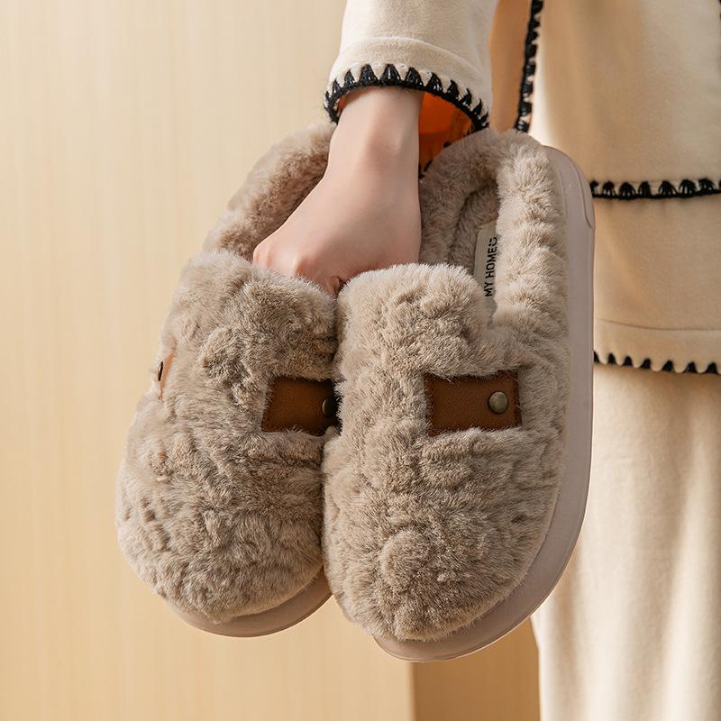Premium Cotton Slippers Winter Non-slip Couple Fluffy Slippers Plush Thick-soled Home Thermal Shoes