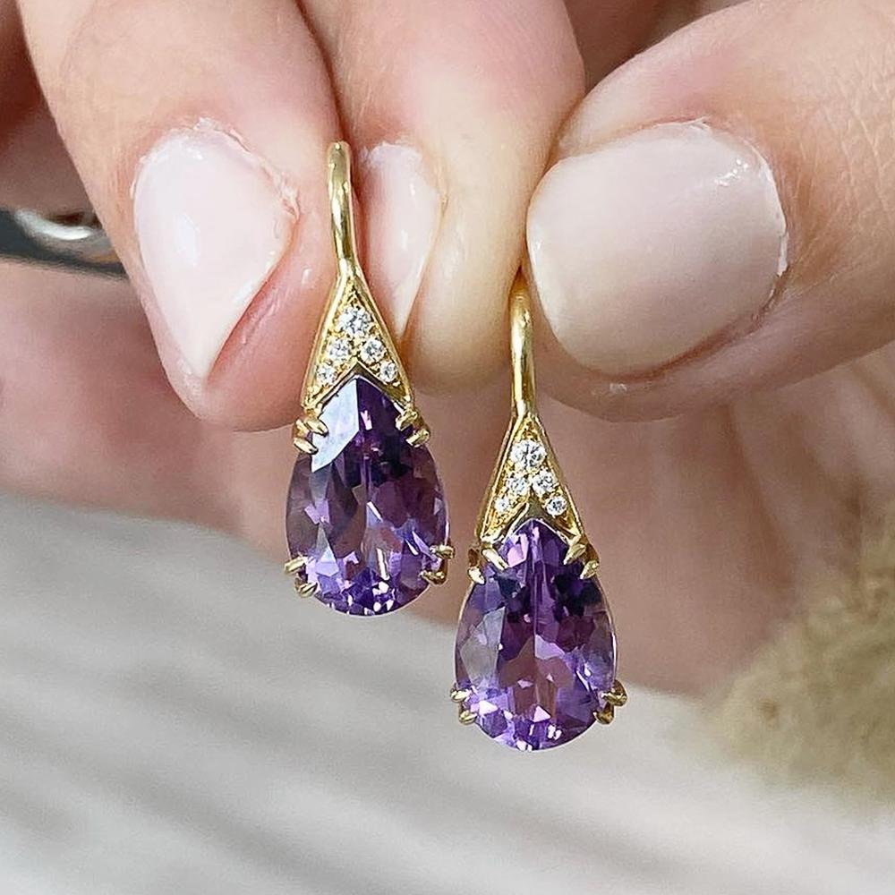 

Huitan Luxury Gold Color Purple Pear CZ Drop Earrings Unique Women s Earrings Exquisite Gift Temperament Lady Zircon Wholesale