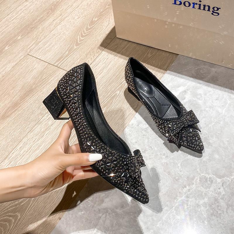 Fashion Sequines Beading Bowknot Pumps Women Pointed Toe Glitter Rivets Med-high Heels Shoes Chunky Heel Bling Bowtie Tacones Big Size43