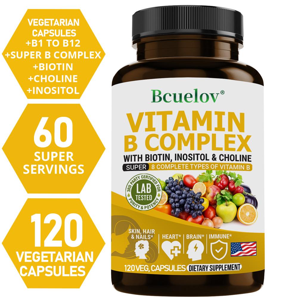 Bcuellov Vitamin B Complex Dietary supplement - With biotin, inositol, and choline -120 Vegetarian Capsules
