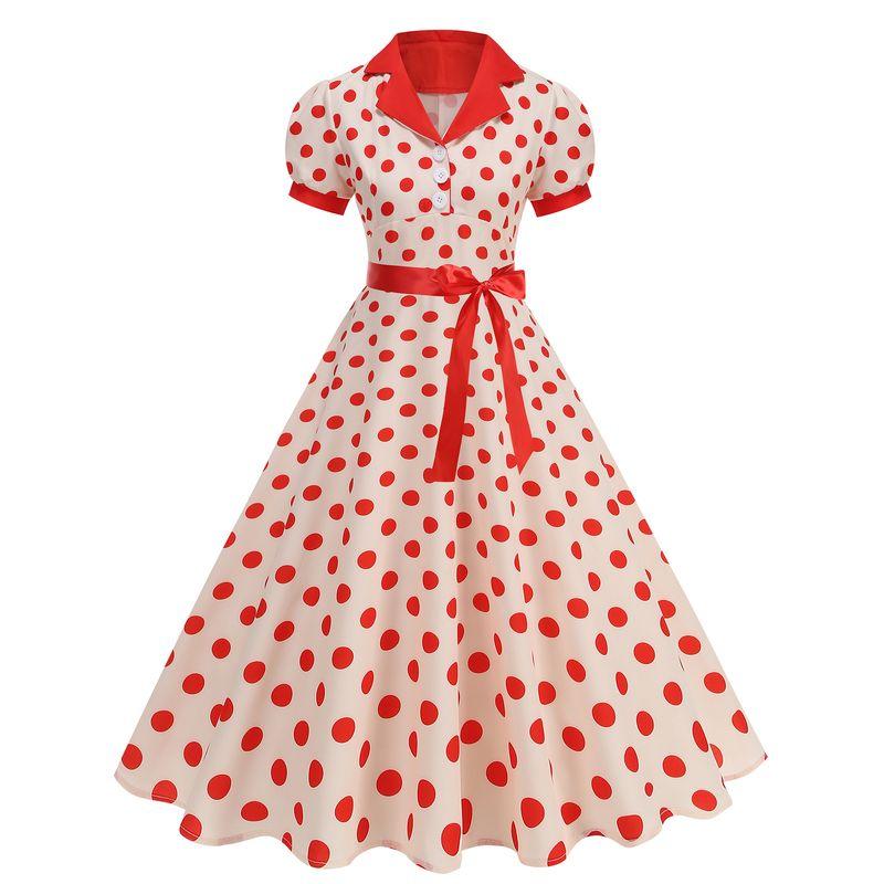 

Летнее Новое Модное Элегантное Платье в Горошек с Коротким Рукавом в Гонконгском Стиле Женское Приталенное Платье-Миди для Похудения Платье, Делающее Стройнее Red S