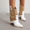 Sequin Cloth Western Boots Women Glitter Silver Gold Chunky High Heels Mid-calf Cowboy Boots Cowgirl Shoes