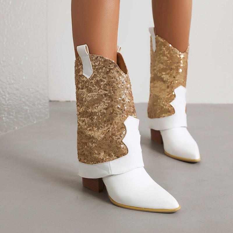 Sequin Cloth Western Boots Women Glitter Silver Gold Chunky High Heels Mid-calf Cowboy Boots Cowgirl Shoes