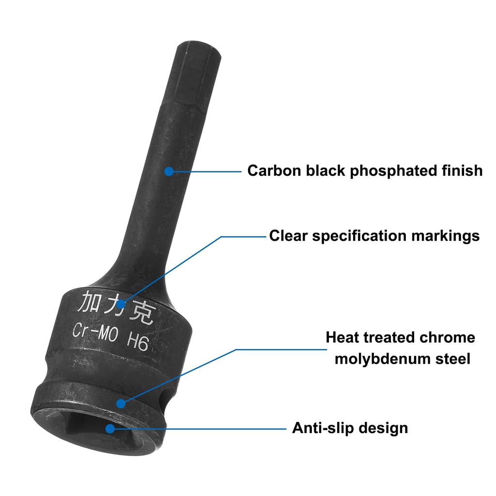 Uxcell 6 szt. Nasadka sześciokątna udarowa metryczna długość stal do użytku z wkrętarkami udarowymi i ręcznymi grzechotkami 1/2" H6(6 mm) 2.36" CR-MO