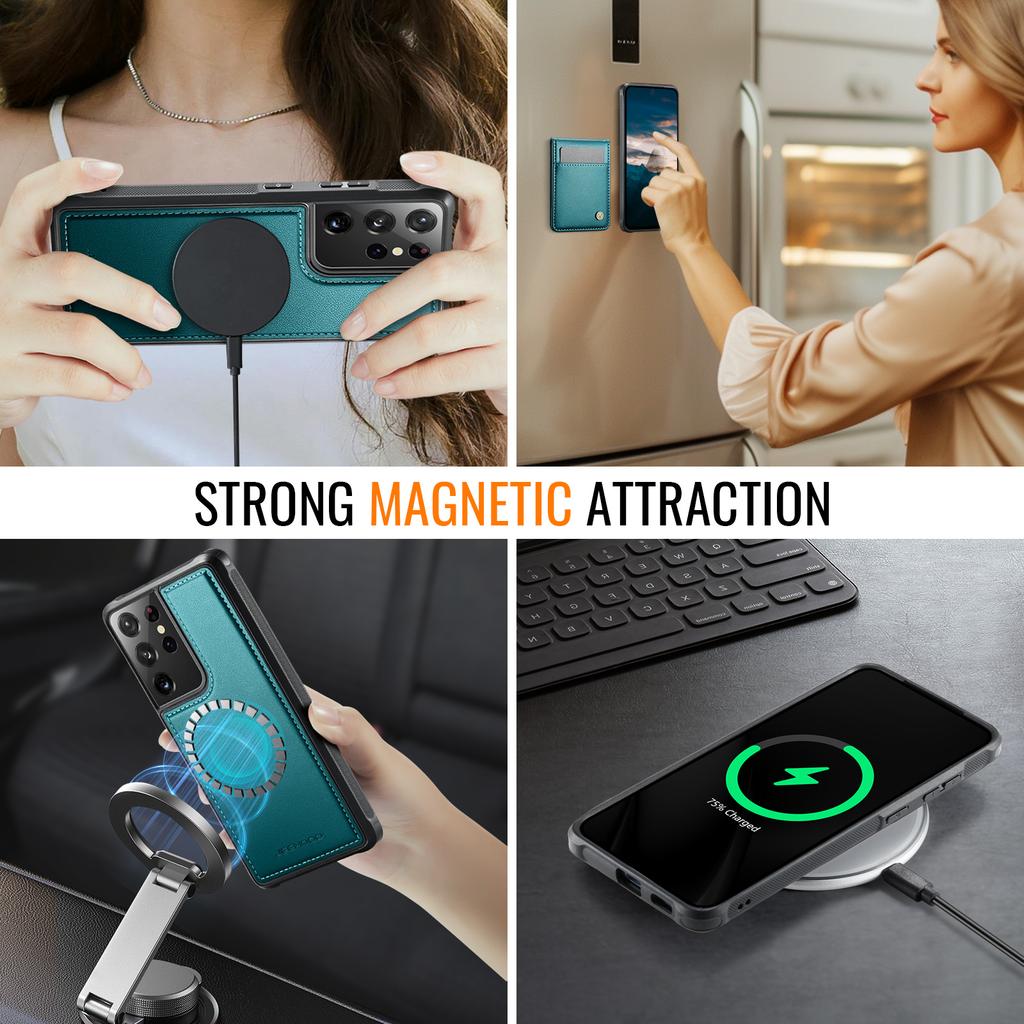 För Samsung Galaxy S21 Ultra 5G Läder Baksida Kompatibel med MagSafe JEEHOOD J06 Mobilskal med Kortfack RFID-blockering