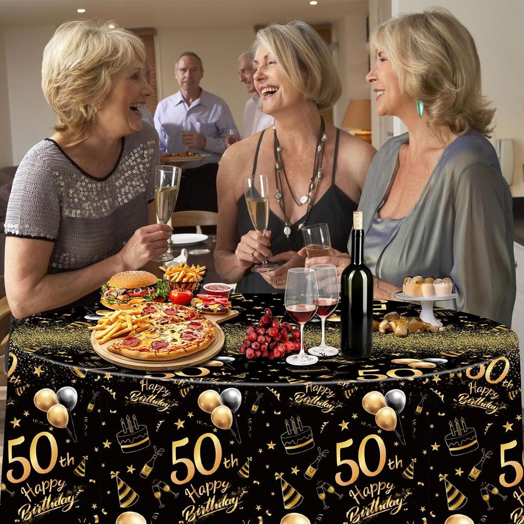 Oudain 3 Pack 50th/70th/80th Round Birthday Tablecloth Black and Gold Happy Birthday Party Decorations 84 inch Disposable Plastic Table Cover