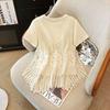 Genuine Two-Piece Women's Summer T-shirt with Woolen Fabric and Crochet Lace Trim