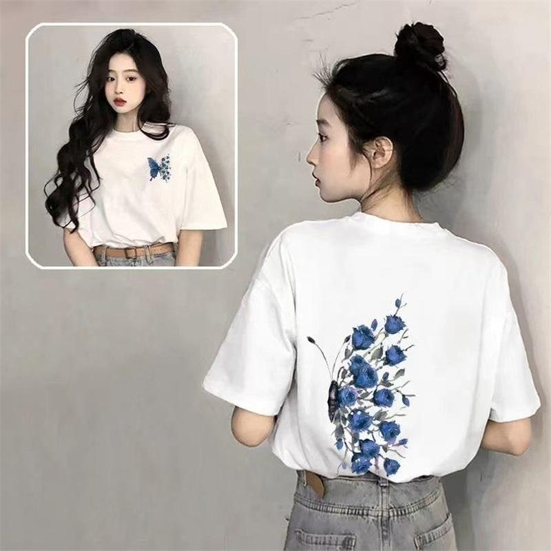 Women Rose Print T-Shirt Casual Short Sleeve Tee