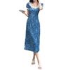 French retro waist floral dress women's summer niche design sense square neck lace edge beautiful holiday style dress