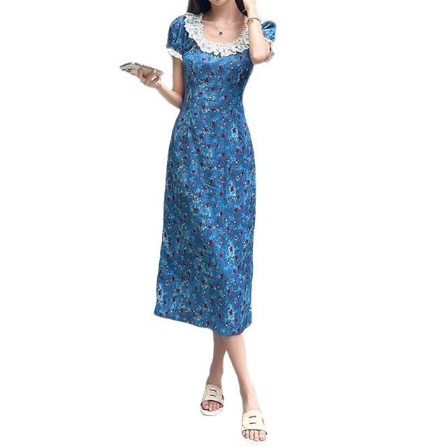 French retro waist floral dress women's summer niche design sense square neck lace edge beautiful holiday style dress