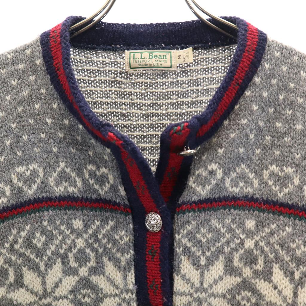 L.L.BEAN 80s Made In USA Vintage Nordic Pattern Long Sleeve Knit Cardigan Women Used