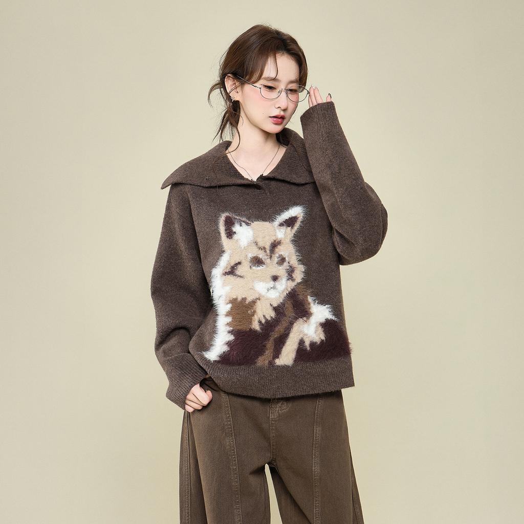 Brown Puppy Plush Lapel Long-sleeved Knitted Sweater Jacket Autumn and Winter Base with Thickened Thermal Top Women