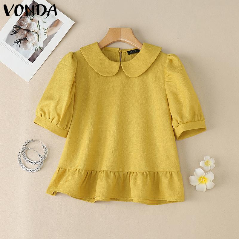 

VONDA Летняя женская блузка с короткими рукавами-буфами, текстурная, с оборками по низу, повседневная, однотонная