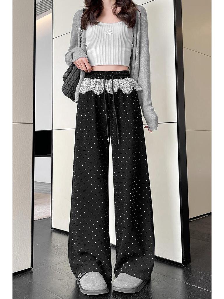Spring 2025 Women's High-Waist Polka Dot Wide-Leg Sweatpants with Lace Trim