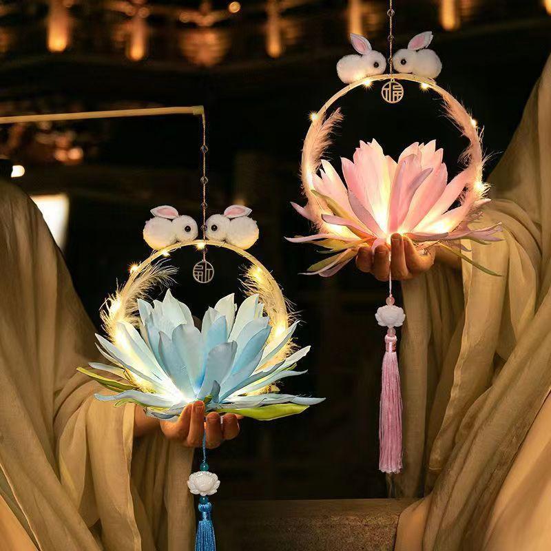 Autumn Mid Festival Atmosphere Lantern Diy Hanging Lanterns Kids Toy Handmade Light Rabbit Lotus Lantern Gift Holiday Decor Prop