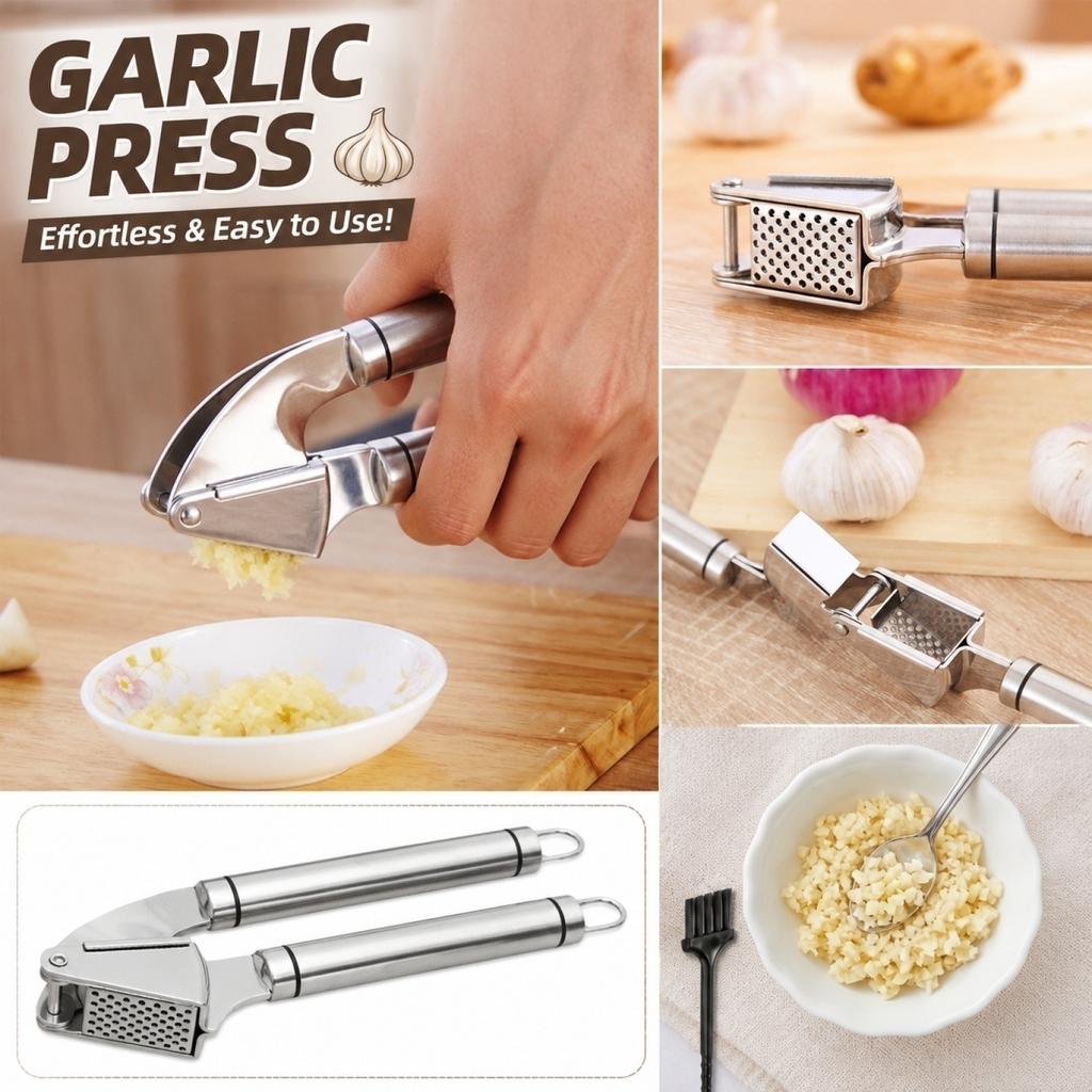 Stainless Steel 304 Garlic Press Manual Garlic Crusher Kitchen Garlic Mincer Handheld Garlic Masher with Ergonomic Handles and Easy Cleaning Design