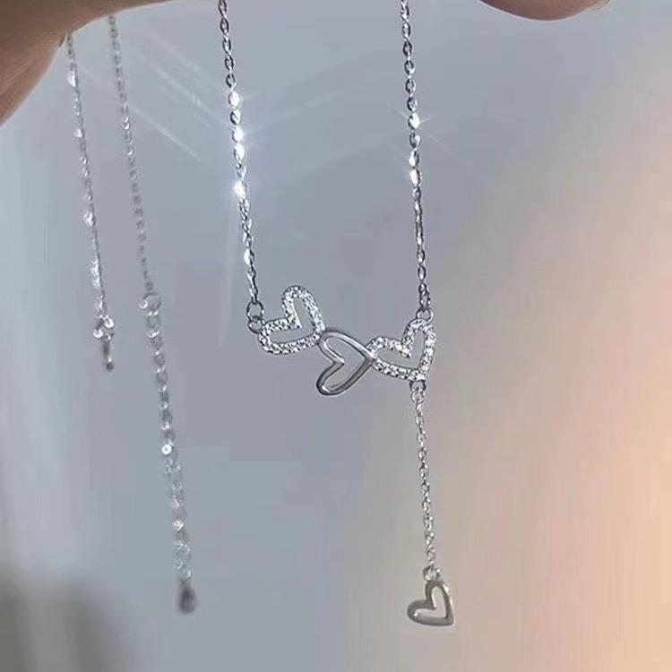 Elegant Three Heart Pendant Necklace with Tassel Delicate Layering Chain Minimalist Design Gift for Her