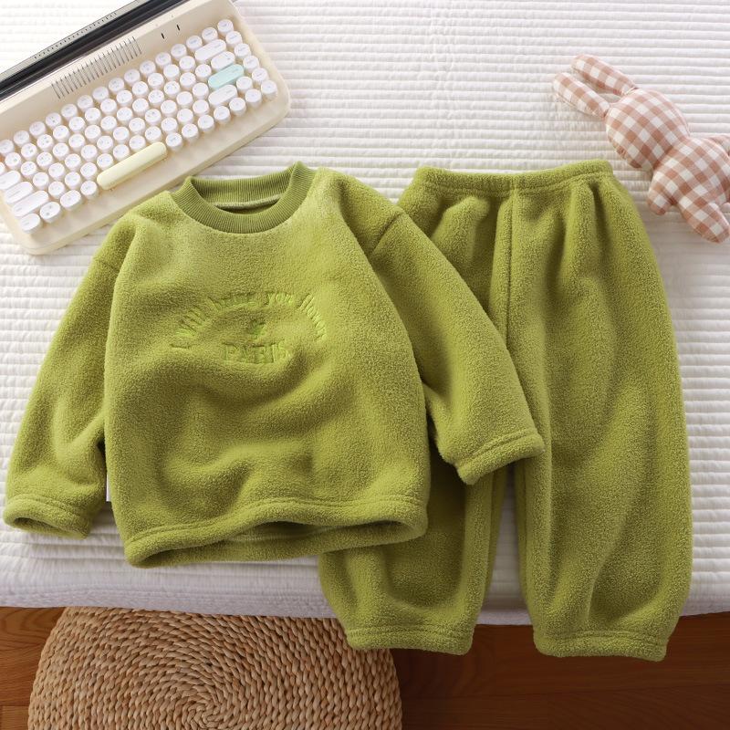 Boys Girls Kids Winter Solid Warm Sets Medium-Sized Children's Long-Sleeve Crew Neck Fleece-Lined Top + Pants Homewear Two-piece Set
