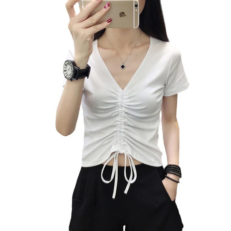 Slim Fit Women's V-Neck Cotton T-Shirt with Drawstring and Short Sleeves