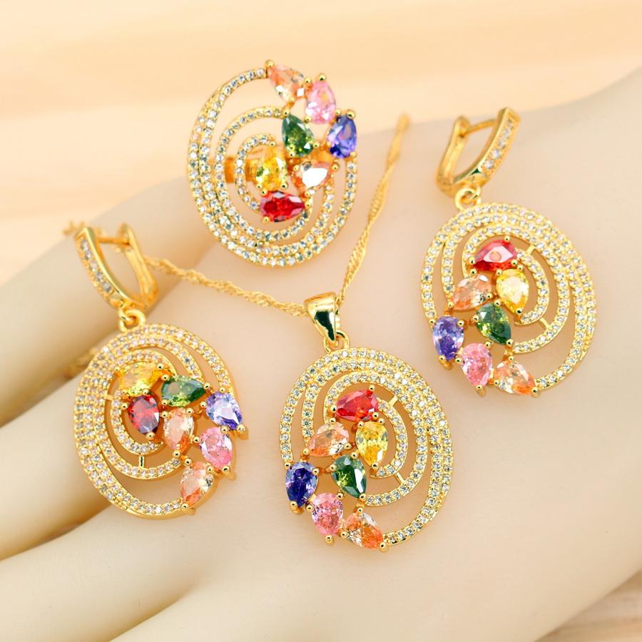 

Вишукані Багатоколірні Кришталеві Позолочені Набори Прикрас Для Жінок Сережки Намисто Регульоване Кільце Браслет Весільний Подарунок