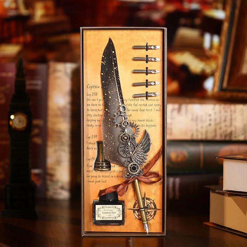 Veer Pen Uil Dip Pen Mechanische Tandwiel Inktzak Pen Geschenkdoos Verjaardagscadeau