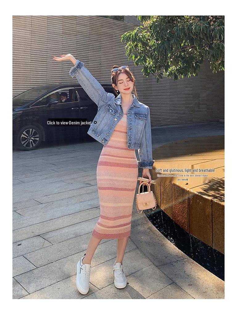Women's Rainbow Stripe Sleeveless Knit Tank Dress - Slim Fit Summer Mid-Length