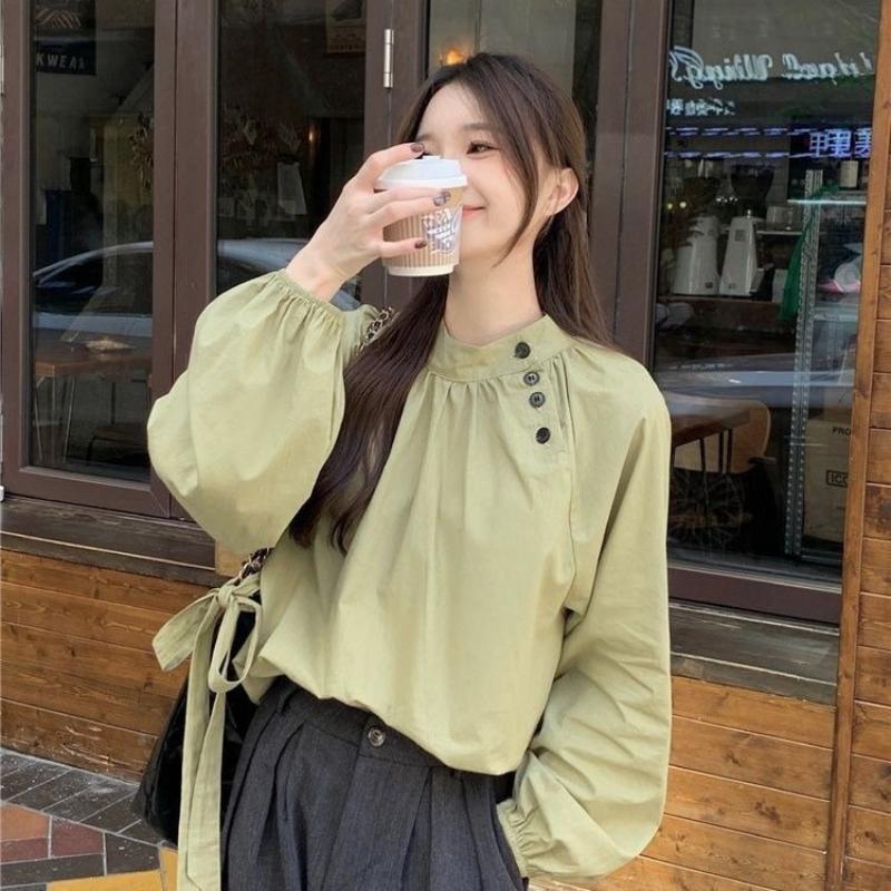 Solid Color Women's Shirt Stand Collar Bow Tie Fold Detail Diagonal Buckle Lantern Sleeves Blouse French Style Spring New Version Loose Women's Top