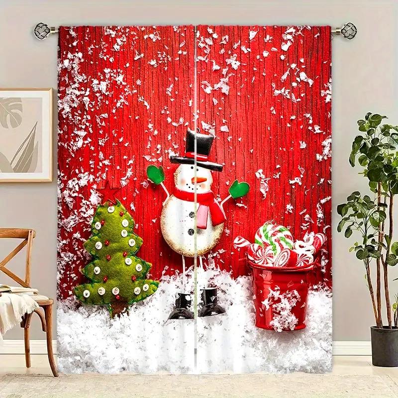 2pcs Festive Christmas Curtain Set-Snowman Pine Tree Design Polyester Rod Pocket, Machine Washable forLiving Room Bedroom Study