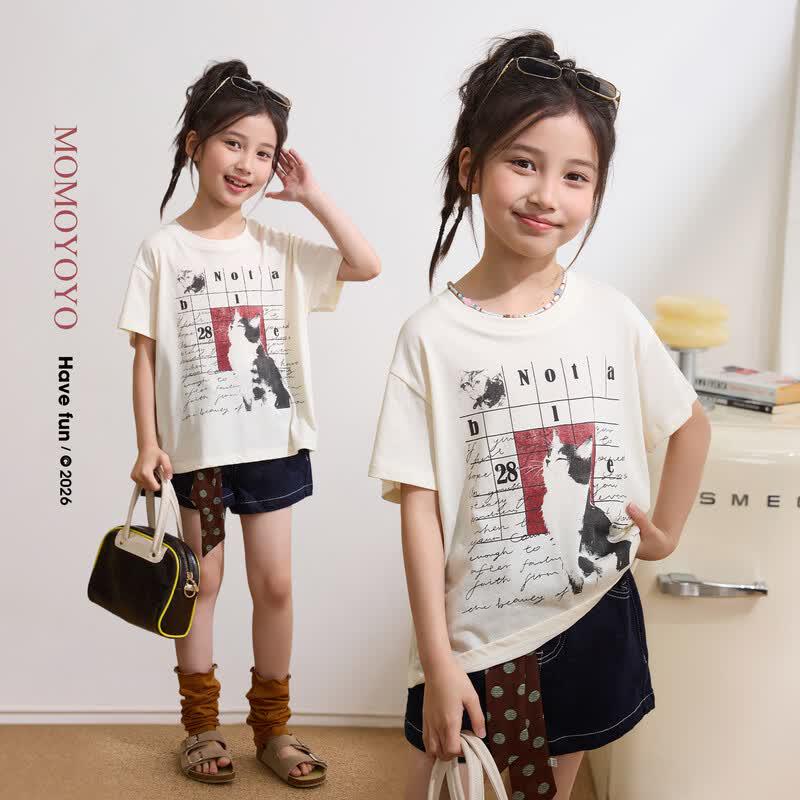 Girls' Summer Cat Love Letter Print Short Sleeve T-Shirt