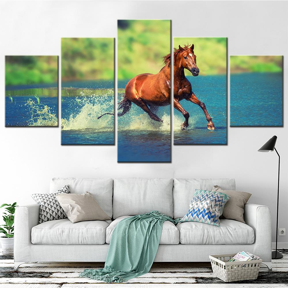 Brown Horse Running Wall Art Canvas Set Landscape Painting Animal Poster Modular Canvas Pictures for Living Room Decoration