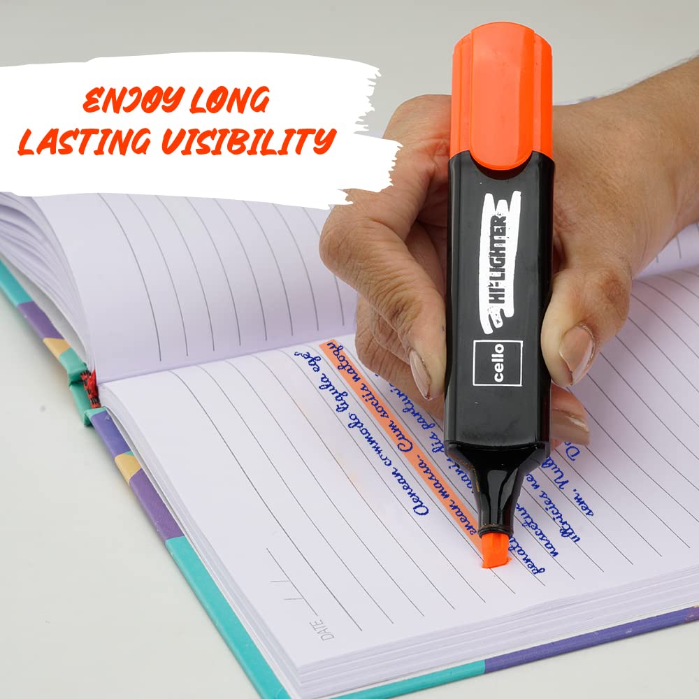 CELLO Highlighter Pack Of 1 X 5 Multicolor Chisel Tip Fluorescent Ink Markers For Office School Study Notes And Documents