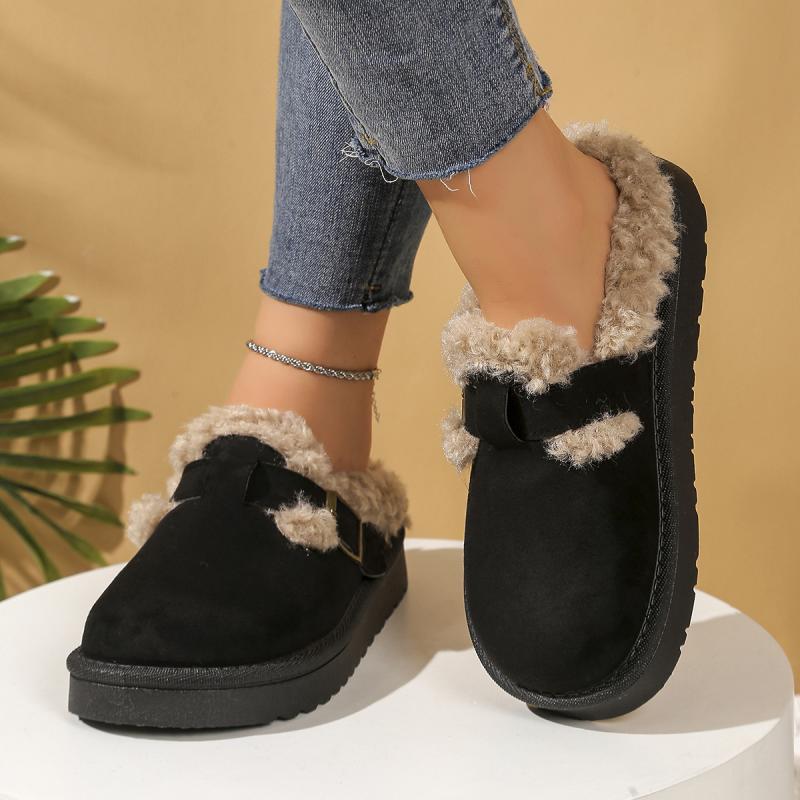 Fashion Casual Metal Buckle Decoration Cotton Outdoor Slippers Women 2025 Winter Thick Bottom Ankle Snow Boots Warm Short Plush Shoes