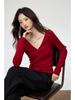 Yuke Seide Tief V-Ausschnitt Twist Langarm T-Shirt – Damen Herbstrot Top