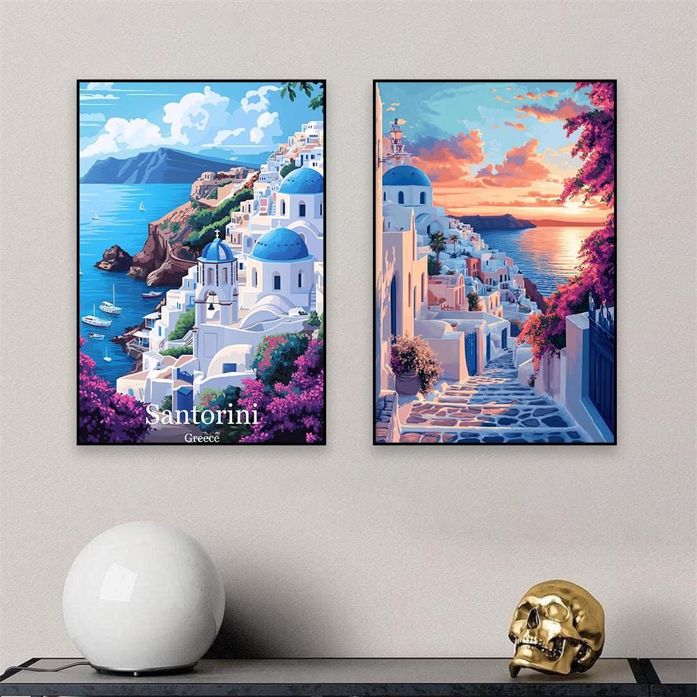 Colorful Santorini Print Santorini Vintage Travel Poster Greece Vintage Wall Art Travel Canvas Painting Home Decoration