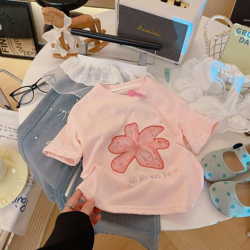 2026 Summer Milk Candy Girl's Lace Trim Embroidered Chiffon Parent-Child Short Sleeve Shirt