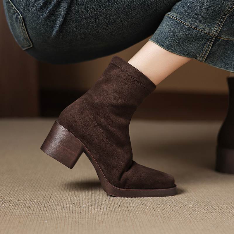 Krazing Pot Flock Round Toe Thick High Heels Chelsea Boots Zip Women Concise Style Ankle Boots