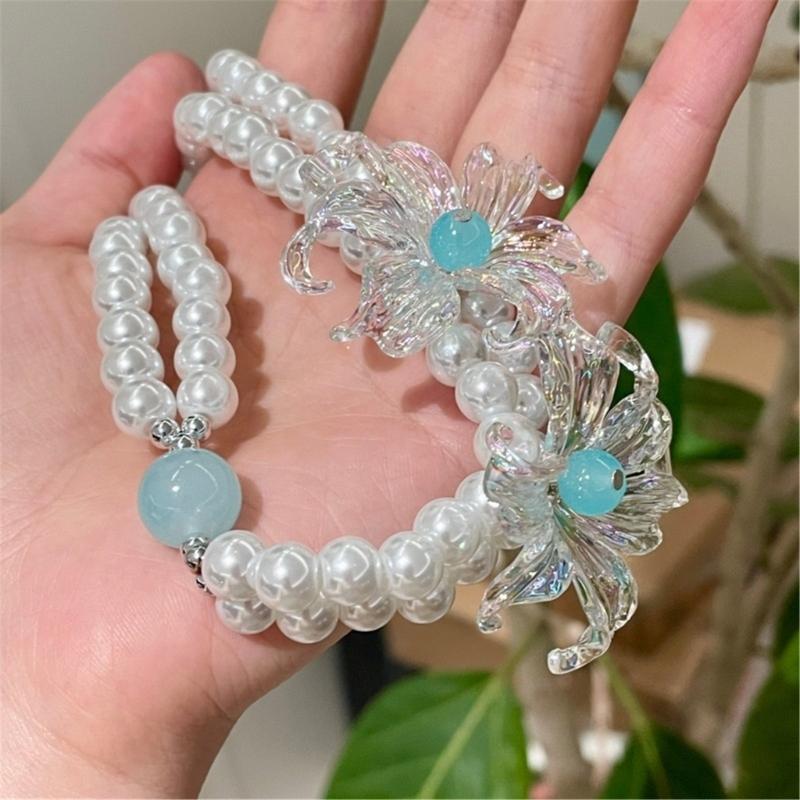 2-Layer Artificial Pearls Pendant Necklace with Flower Design, Fashionable Dainty Neck Chain Jewelry for Daily Wear