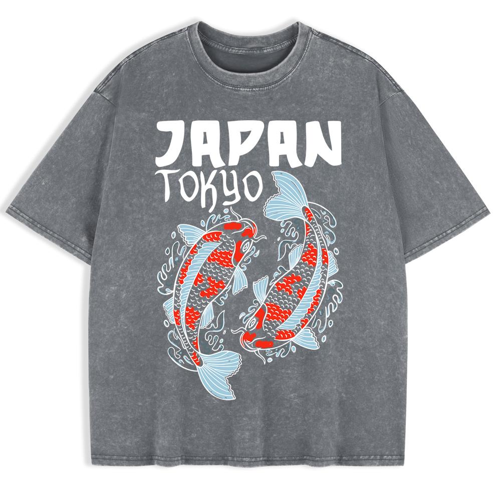 Japanese Koi Harajuku Printed Washed T-Shirts Mens Cotton Short Sleeve Tops Summer O-Neck Oversized T Shirt Clothes
