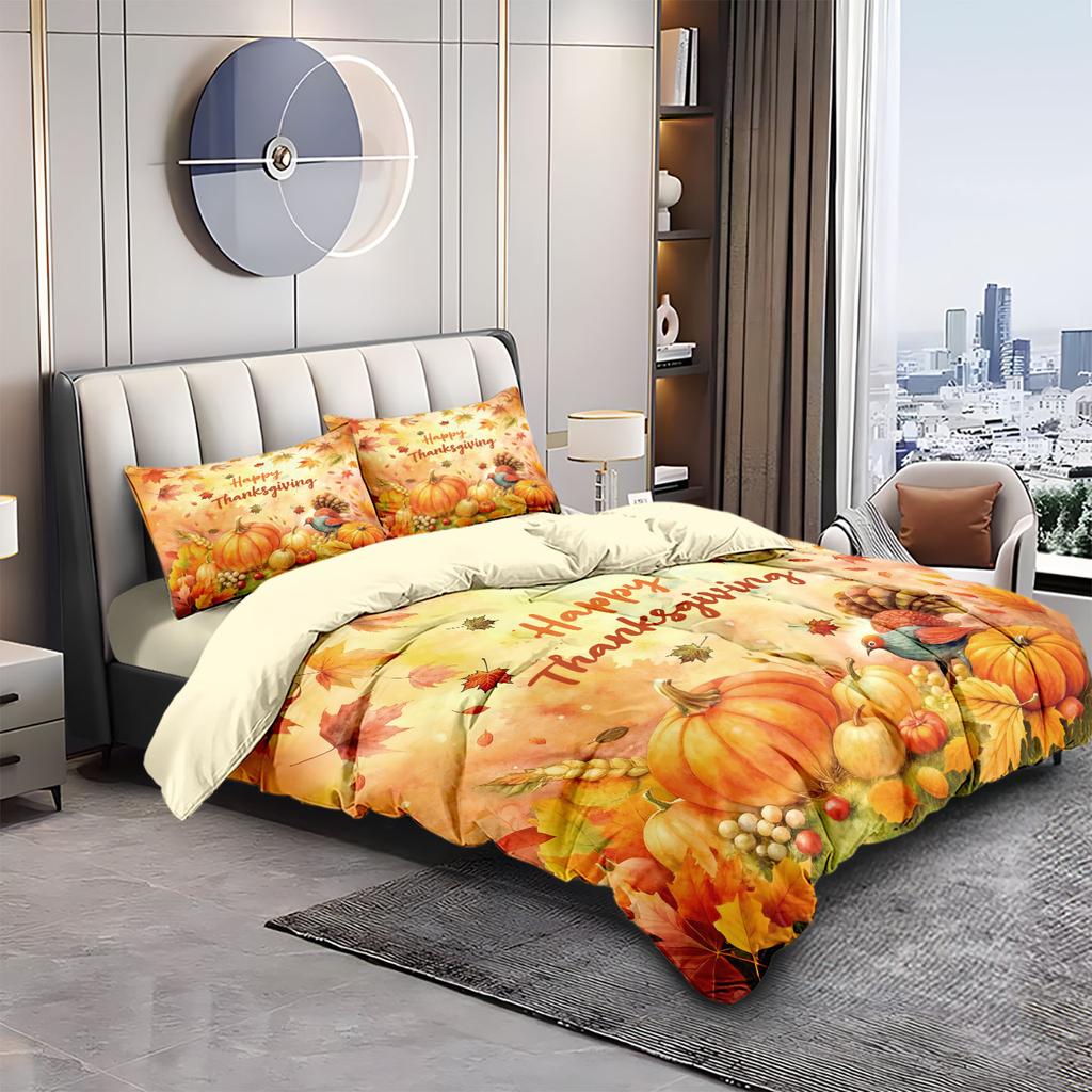 3pcsThanksgiving Pumpki Print Coreless Bedding Set Bedroom Dormitory Multi Size Machine Washable Set