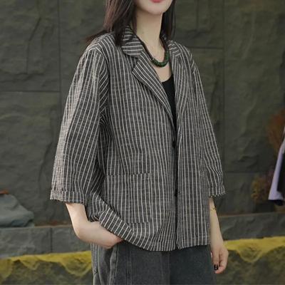 Women Striped Linen Blazer 3/4 Sleeve Casual Loose Fit Jacket