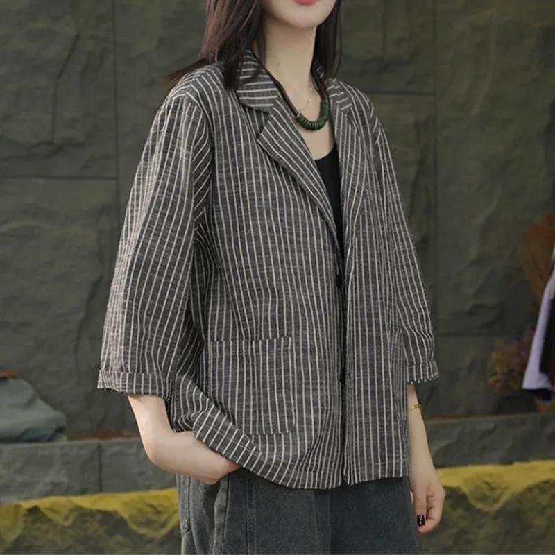 

Women Striped Linen Blazer 3/4 Sleeve Casual Loose Fit Jacket L чёрный