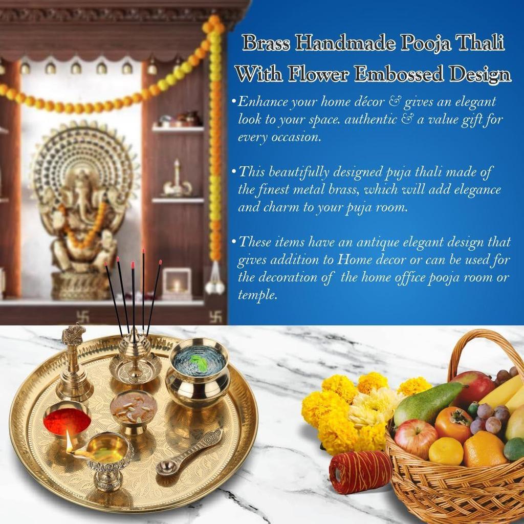 Handmade Pure Brass Puja Thali with Flower Embossed Design