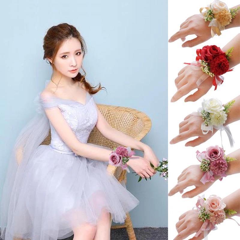 1PC Suit Corsage Pins Elegant Corsage Bracelet Wedding Non-Fading Silk Rose Bridesmaid Wrist Flower Groom Boutonnier