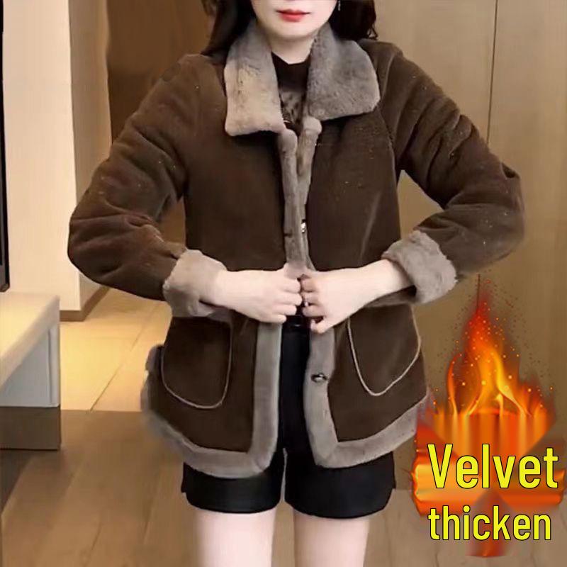 

Модное шерстяное пальто с плюшевой подкладкой для женщин среднего и пожилого возраста - Толстый, свободный, приталенный кардиган для весны-зимы XL - Recommend 105-120 jin