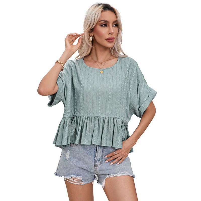 

European and American Leisure Loose Easiest for Match round Neck Chiffon Shirt for Women 2025 Summer New Arrival Ruffles Hem Pullover for Women Green Size XL fit (70.00 kg-75.00 kg