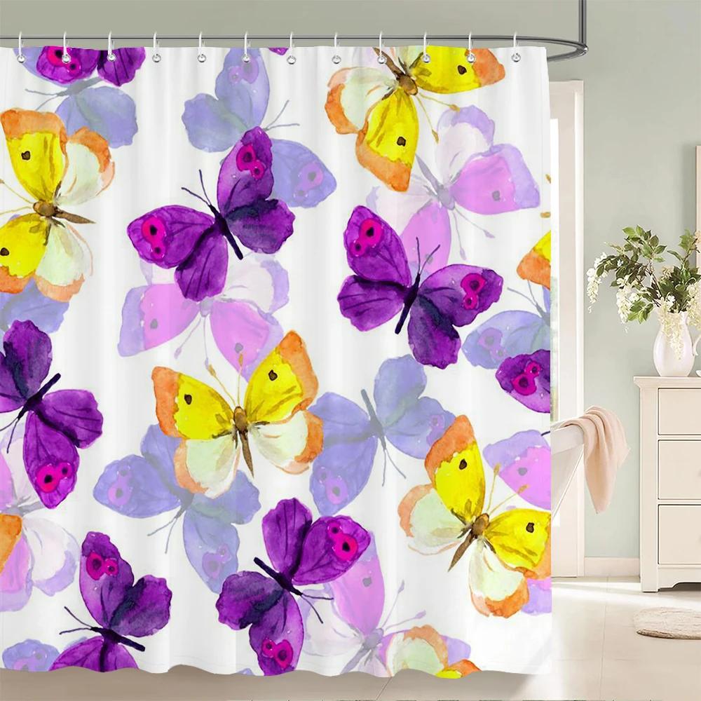 Beautiful Butterfly Shower Curtains Waterproof Fabric Colored Flowers Bath Curtain Bathroom Bathtub Decoration with Hooks